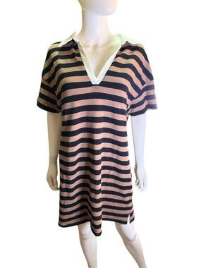 Evereve Nova Polo Striped Mini Dress Size Large EUC Tan and Black Summer Spring